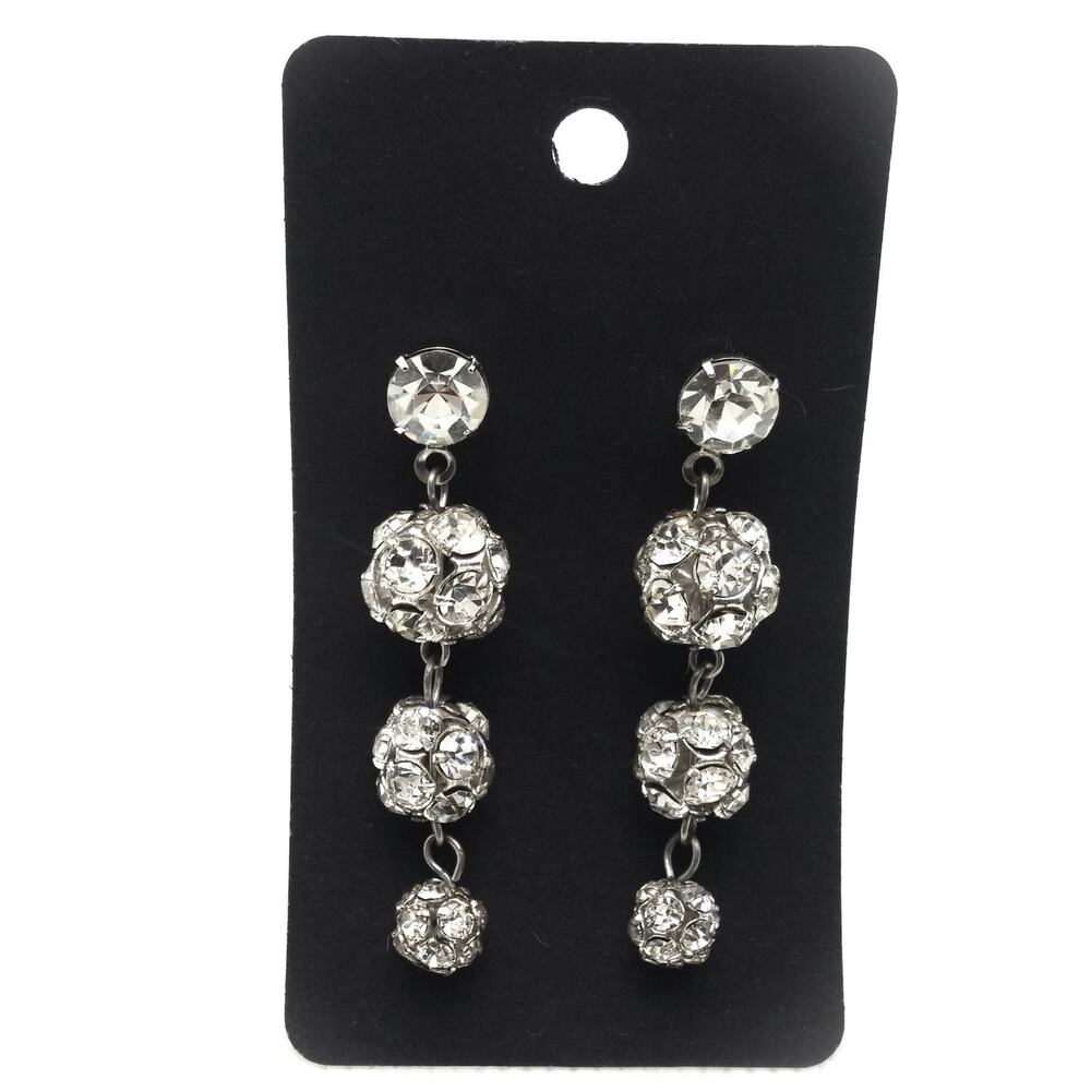 Vintage Rhinestone Disco Ball Earrings Graduated Pave Spheres Silver Tone Dangle